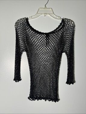 Y2K Beaded Black Crochet Mesh Long Sleeve Top Vintage Rave Wear